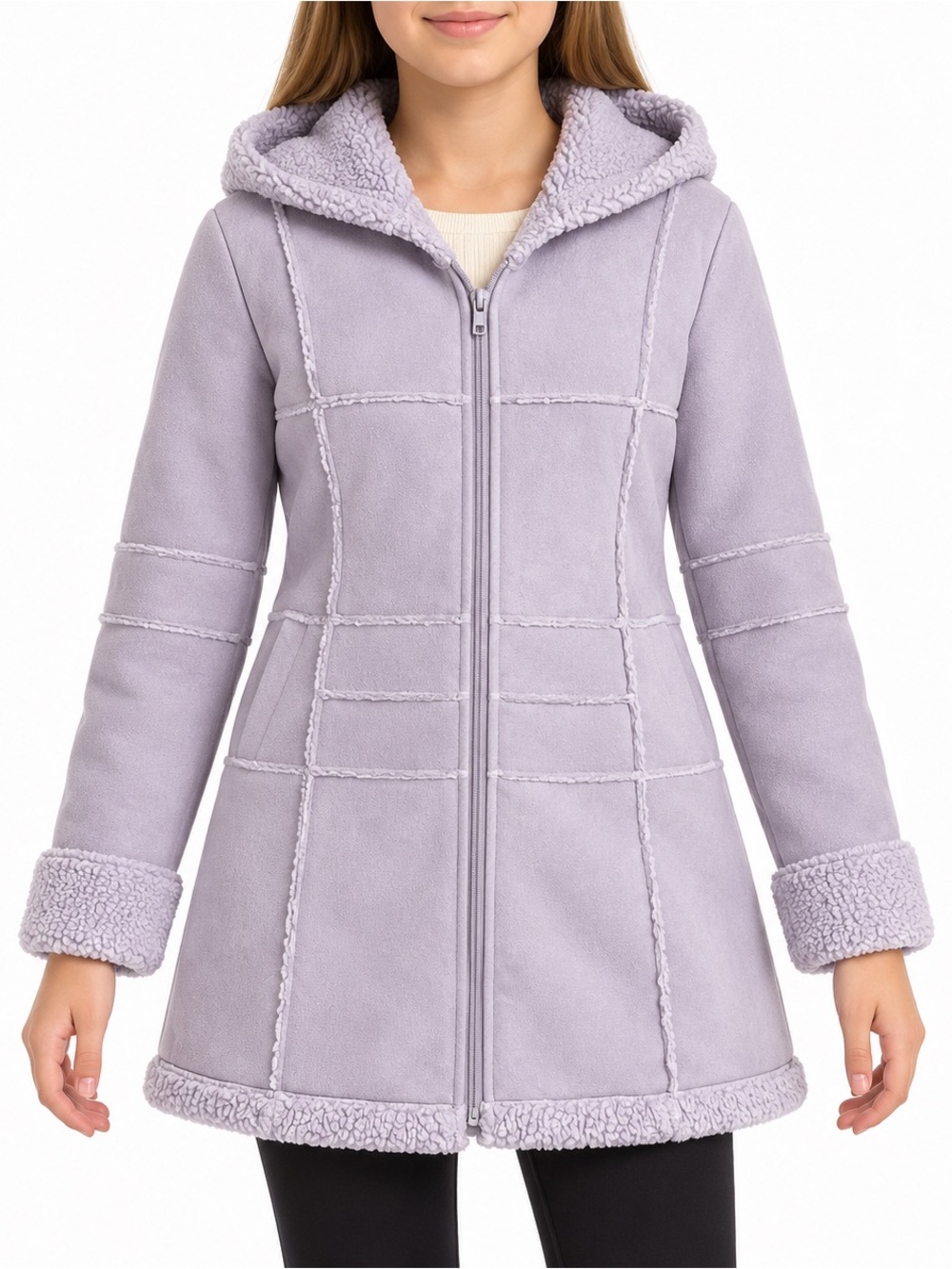 Rothschild Girls Lavender Faux Shearling Hooded Long Coat Size 14